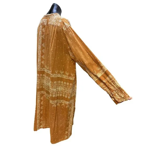 Magnolia Pearl Boho Style Mustard & Cream Floral Print Dress w/Button Front - Picture 8 of 11